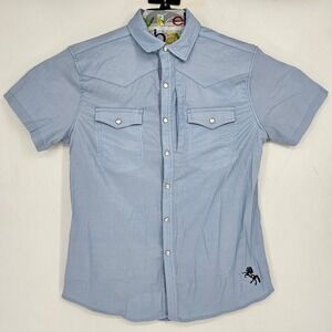 Diamond Cross Ranch Shirt Mens Medium Western Light Blue Pearl Snap Short Sleeve